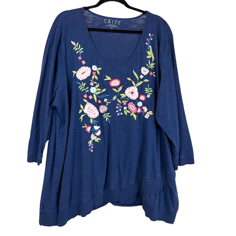 Caite Blue Floral Embroidered 3/4 Sleeve Top 3X